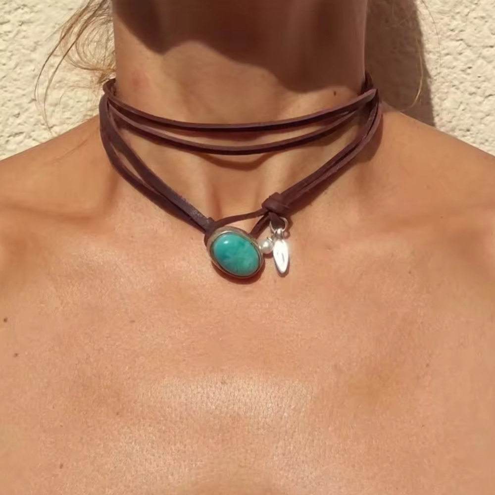 Boho Turquoise Choker Necklace Beachy Layered Brown Cord - Picture 4 of 6